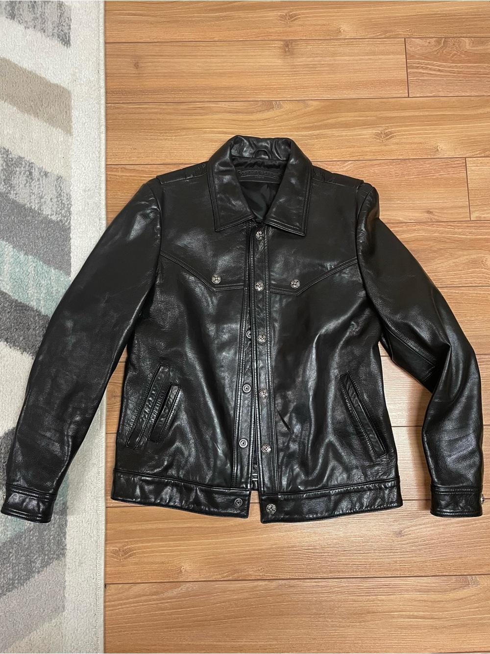 Chrome hearts Black Leather Jacket - Men's Stylish Trucker